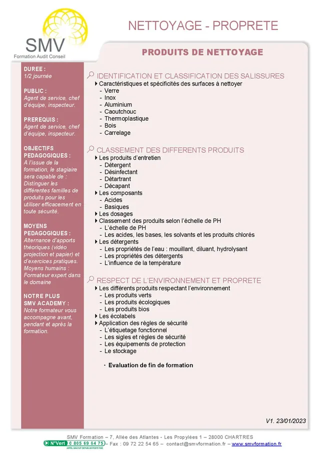 Fiche programme de la formation Produits de nettoyage demi-journée : durée, public, prérequis, objectifs pédagogiques et contenu
