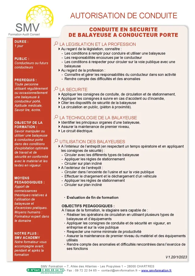 Fiche programme de la formation Autorisation de Conduite en sécurité de Balayeuse à conducteur porté 1 jour : durée, public, prérequis, objectifs pédagogiques et contenu