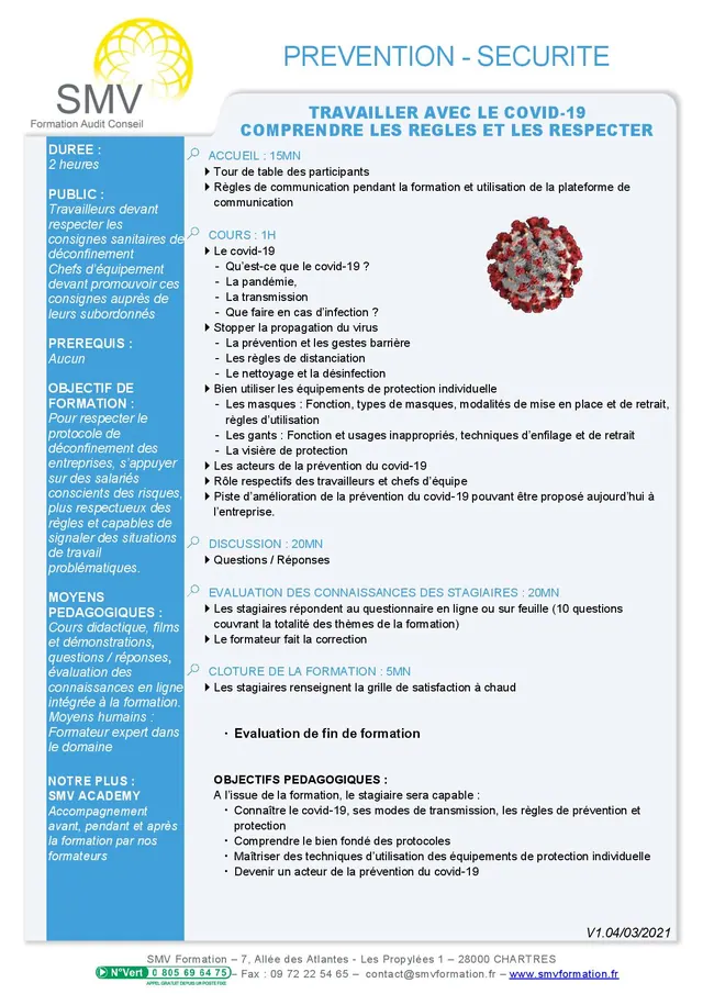 Fiche programme de la formation Travailler avec le COVID-19 Comprendre les règles et les respecter : durée, public, prérequis, objectifs pédagogiques et contenu