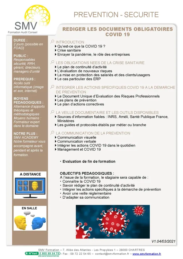 Fiche programme de la formation Rédiger les documents obligatoires COVID-19 : durée, public, prérequis, objectifs pédagogiques et contenu