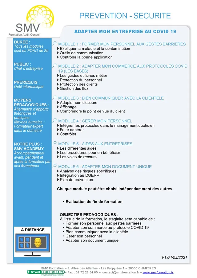 Fiche programme de la formation Adapter mon entreprise au COVID-19 : durée, public, prérequis, objectifs pédagogiques et contenu