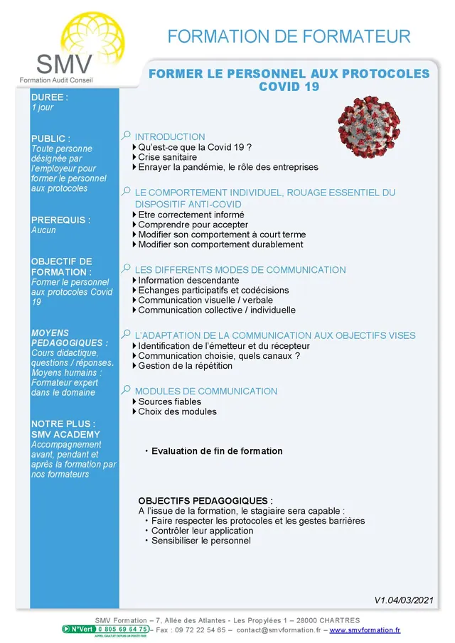 Fiche programme de la formation Former le personnel aux protocoles COVID-19 : durée, public, prérequis, objectifs pédagogiques et contenu