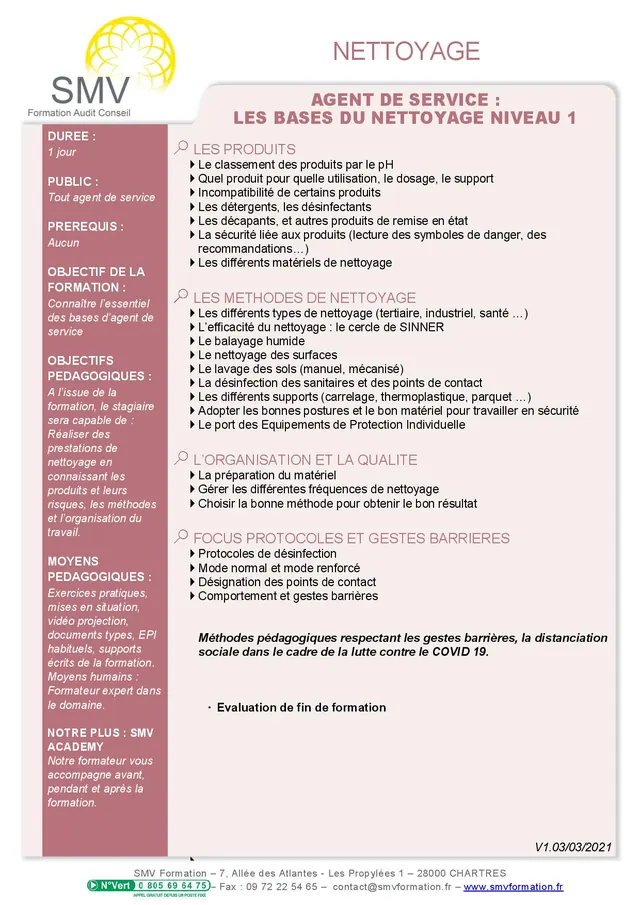 Fiche programme de la formation COVID-19 Agent de service – Les bases de nettoyage Niveau 1 : durée, public, prérequis, objectifs pédagogiques et contenu