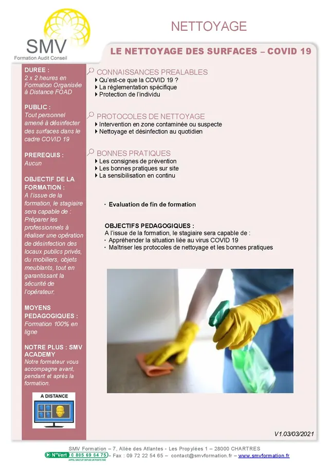 Fiche programme de la formation Le nettoyage des surfaces – COVID 19 : durée, public, prérequis, objectifs pédagogiques et contenu