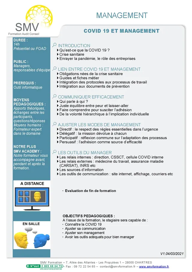 Fiche programme de la formation COVID-19 et Management : durée, public, prérequis, objectifs pédagogiques et contenu