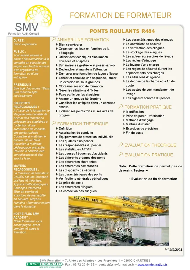 Fiche programme de la formation Monitorat interne Ponts roulants R484 : durée, public, prérequis, objectifs pédagogiques et contenu