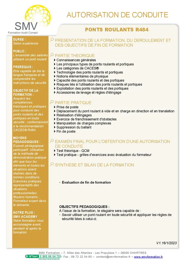 Fiche programme de la formation Autorisation de conduite Ponts roulants R484 : durée, public, prérequis, objectifs pédagogiques et contenu