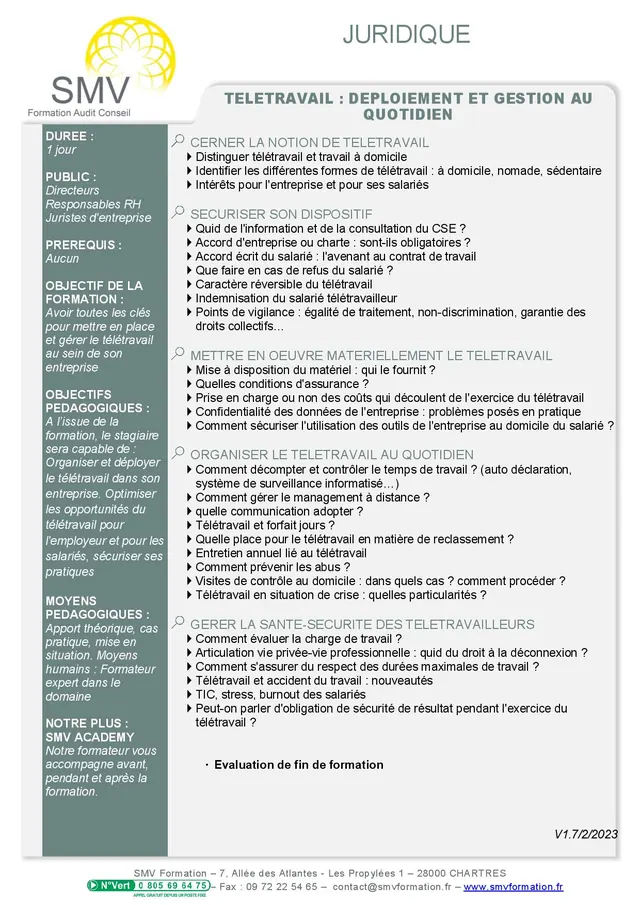 Fiche programme de la formation Télétravail : déploiement et gestion au quotidien : durée, public, prérequis, objectifs pédagogiques et contenu