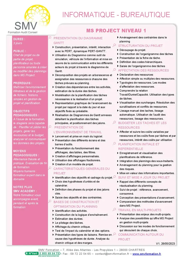 Fiche programme de la formation MS Project niveau 1 : durée, public, prérequis, objectifs pédagogiques et contenu