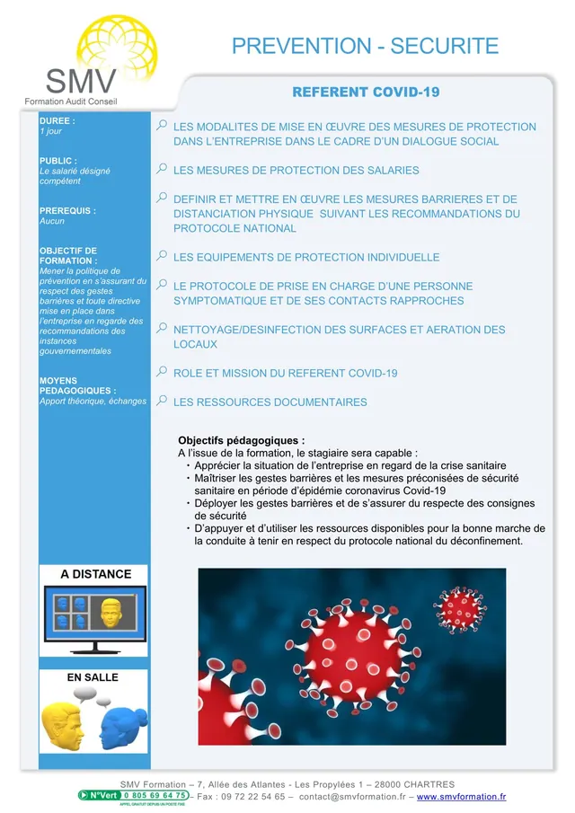 Fiche programme de la formation Référent COVID-19 : durée, public, prérequis, objectifs pédagogiques et contenu