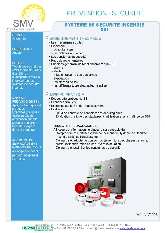 Fiche programme de la formation Système de Sécurité Incendie SSI : durée, public, prérequis, objectifs pédagogiques et contenu