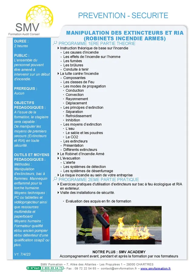 Fiche programme de la formation Manipulation des extincteurs et RIA : durée, public, prérequis, objectifs pédagogiques et contenu