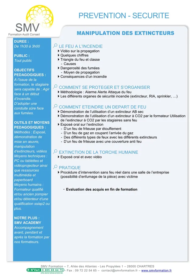 Fiche programme de la formation Manipulation des extincteurs : durée, public, prérequis, objectifs pédagogiques et contenu