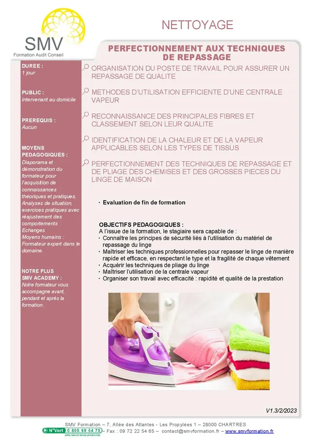 Fiche programme de la formation Perfectionnement aux techniques de repassage : durée, public, prérequis, objectifs pédagogiques et contenu