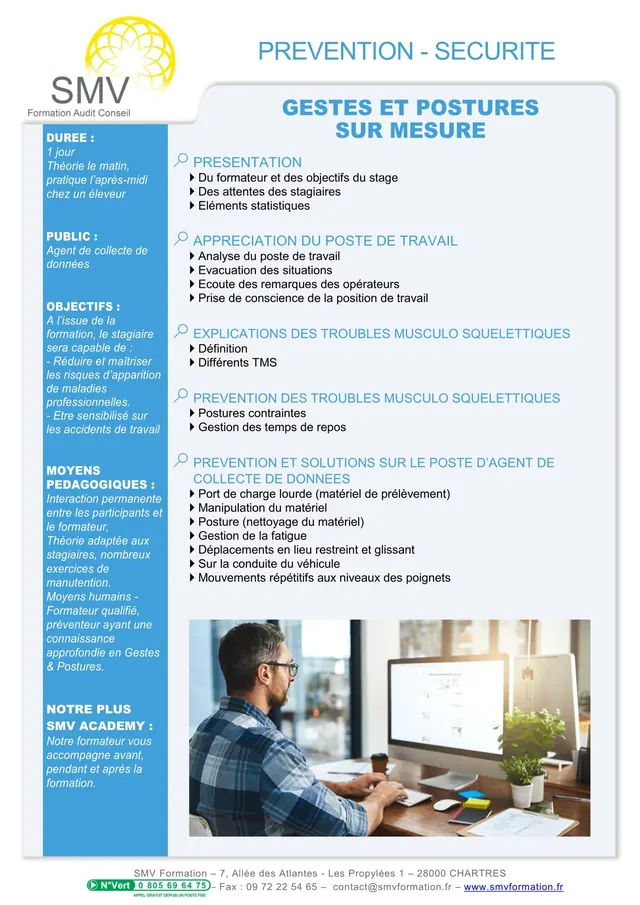 Fiche programme de la formation Gestes et postures sur mesure : durée, public, prérequis, objectifs pédagogiques et contenu