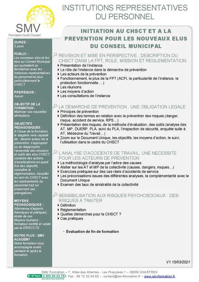 Fiche programme de la formation Initiation au CHSCT et à la Prévention pour les Nouveaux élus du Conseil Municipal : durée, public, prérequis, objectifs pédagogiques et contenu