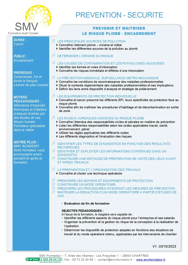 Fiche programme de la formation Prévenir et maîtriser le risque Plomb – Encadrement : durée, public, prérequis, objectifs pédagogiques et contenu