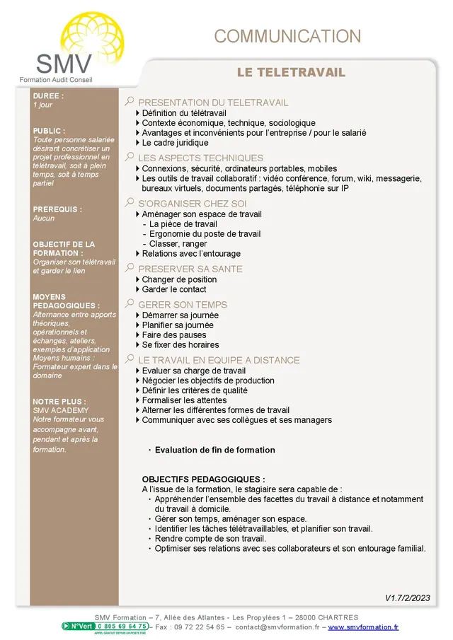 Fiche programme de la formation Le télétravail : durée, public, prérequis, objectifs pédagogiques et contenu