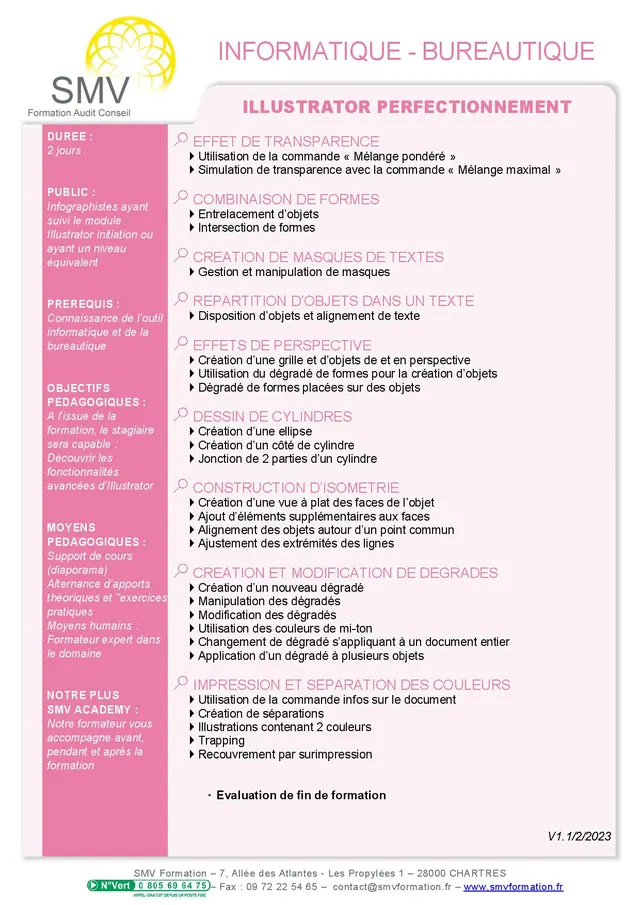 Fiche programme de la formation illustrator perfectionnement : durée, public, prérequis, objectifs pédagogiques et contenu