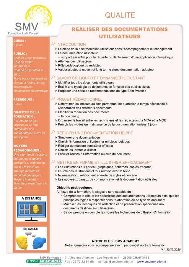 Fiche programme de la formation Réaliser des documentations utilisateurs : durée, public, prérequis, objectifs pédagogiques et contenu