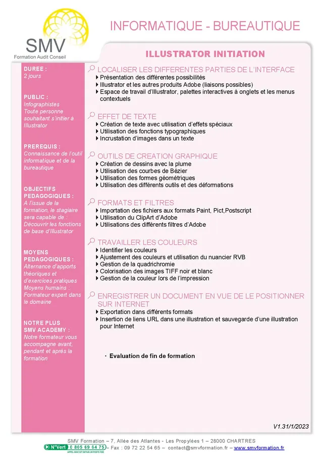 Fiche programme de la formation illustrator initiation : durée, public, prérequis, objectifs pédagogiques et contenu