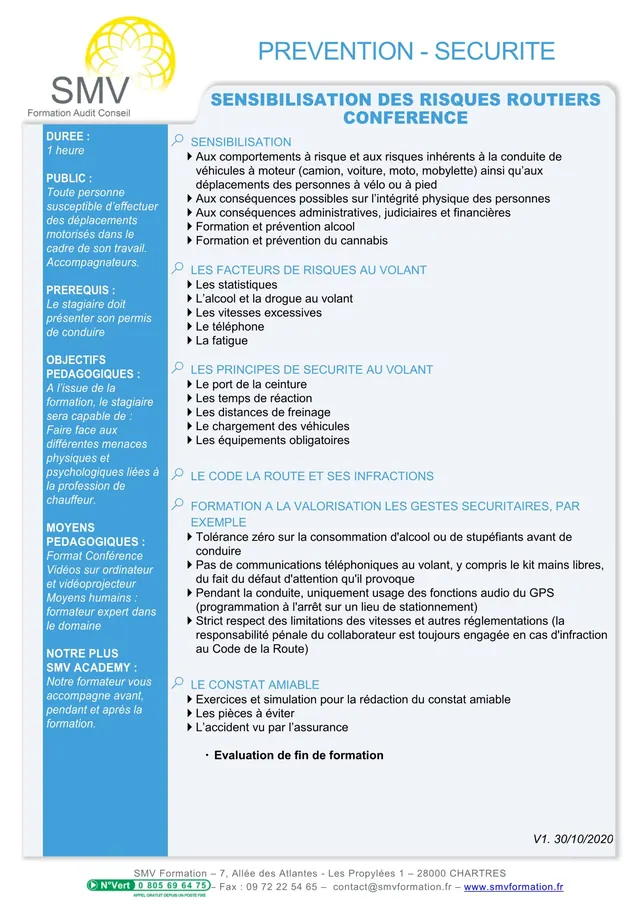 Fiche programme de la formation Sensibilisation des risques routiers –  Conférence : durée, public, prérequis, objectifs pédagogiques et contenu