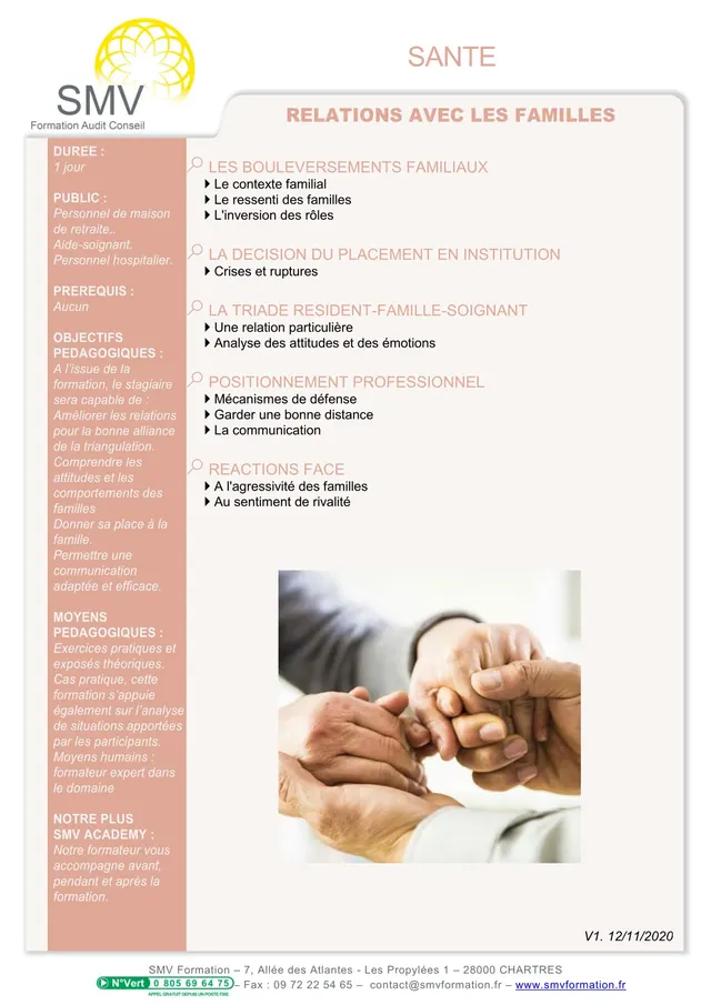 Fiche programme de la formation Relations avec les familles 1 jour : durée, public, prérequis, objectifs pédagogiques et contenu