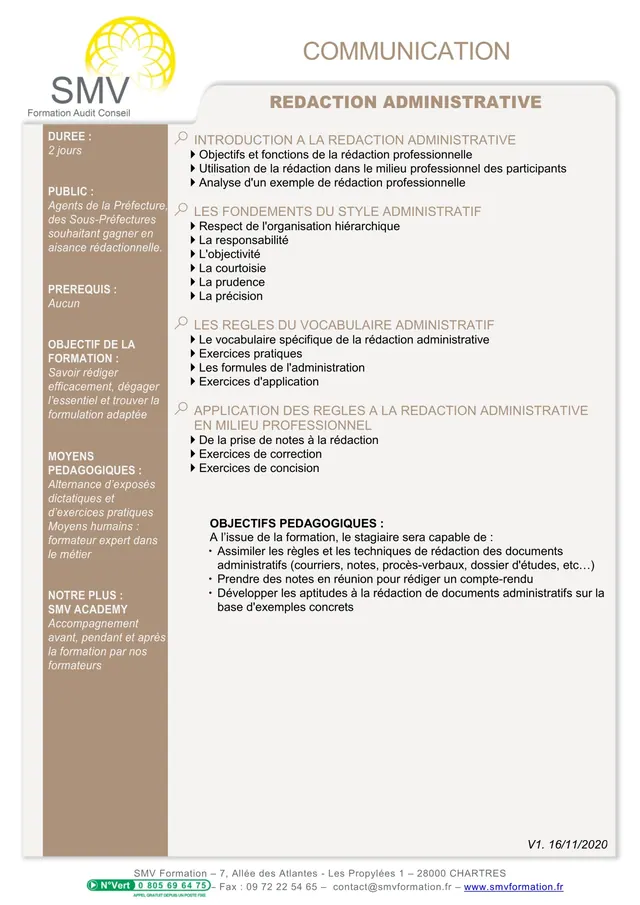 Fiche programme de la formation Rédaction administrative 2 jours : durée, public, prérequis, objectifs pédagogiques et contenu