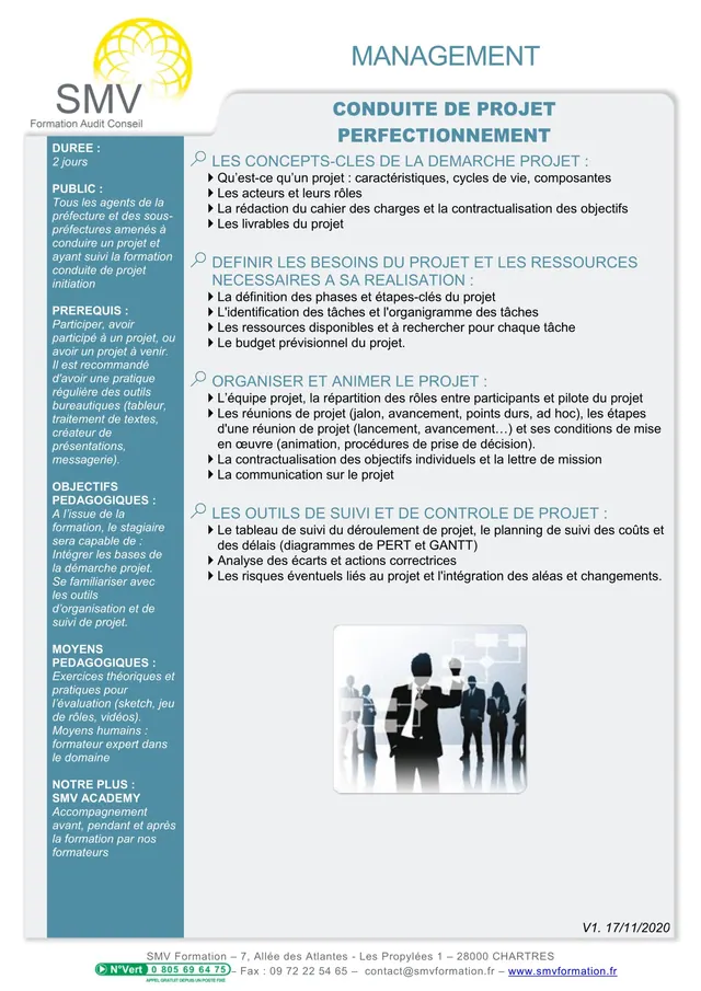 Fiche programme de la formation Conduite de projet perfectionnement : durée, public, prérequis, objectifs pédagogiques et contenu