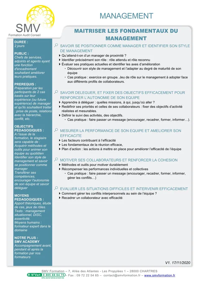 Fiche programme de la formation Maitriser les Fondamentaux du Management : durée, public, prérequis, objectifs pédagogiques et contenu