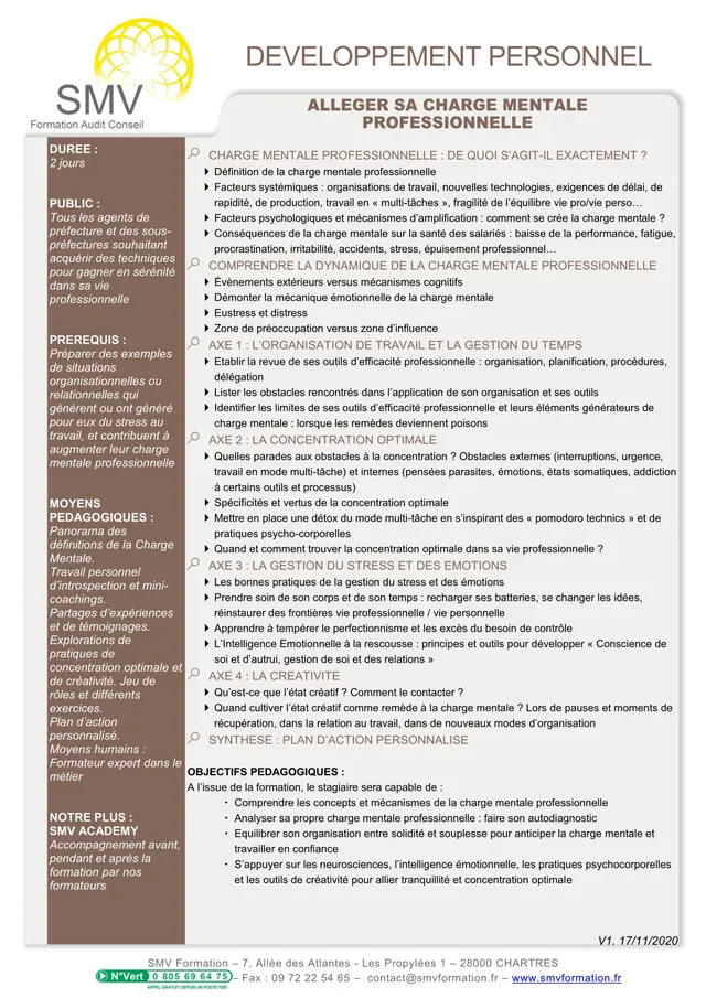 Fiche programme de la formation Alléger sa charge mentale professionnelle : durée, public, prérequis, objectifs pédagogiques et contenu