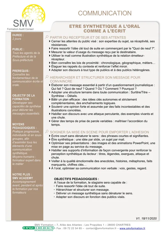 Fiche programme de la formation Etre synthétique à l’oral comme à l’écrit : durée, public, prérequis, objectifs pédagogiques et contenu