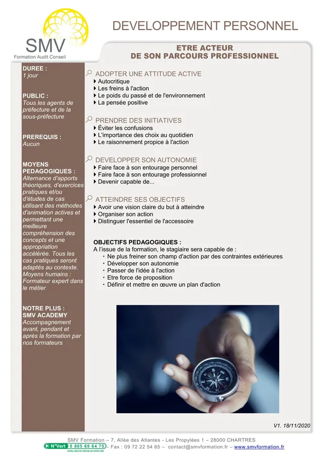 Fiche programme de la formation Etre acteur de son parcours professionnel : durée, public, prérequis, objectifs pédagogiques et contenu