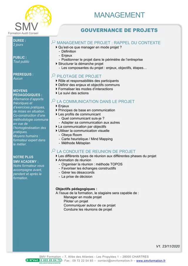 Fiche programme de la formation Gouvernance de projets : durée, public, prérequis, objectifs pédagogiques et contenu