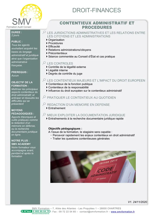 Fiche programme de la formation Contentieux Administratif et Procédures  Préfecture : durée, public, prérequis, objectifs pédagogiques et contenu