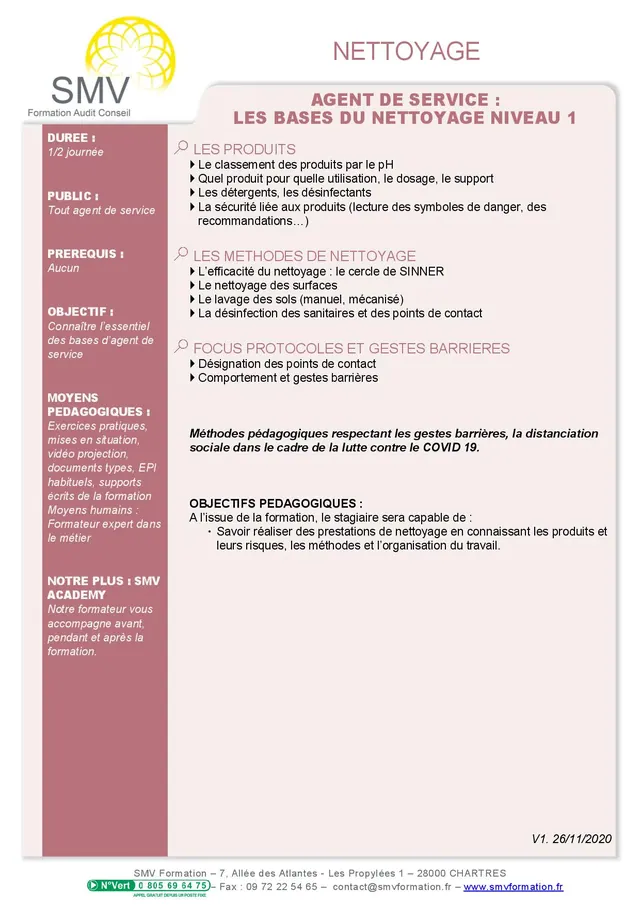 Fiche programme de la formation Covid-19 Agent de service : les bases – Demi journée : durée, public, prérequis, objectifs pédagogiques et contenu