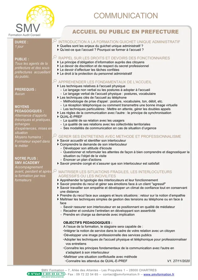 Fiche programme de la formation Accueil du public en Préfecture : durée, public, prérequis, objectifs pédagogiques et contenu