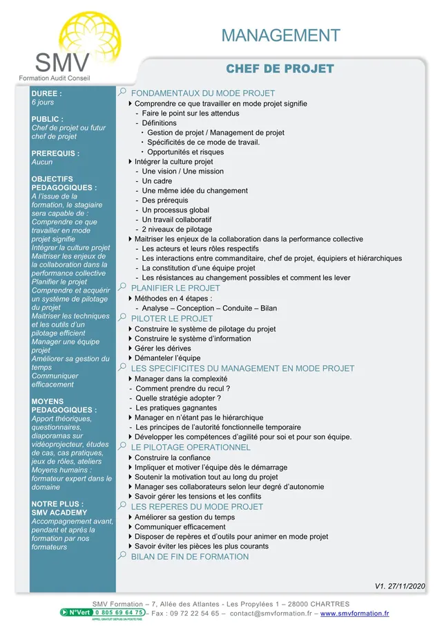 Fiche programme de la formation Chef de projet : durée, public, prérequis, objectifs pédagogiques et contenu