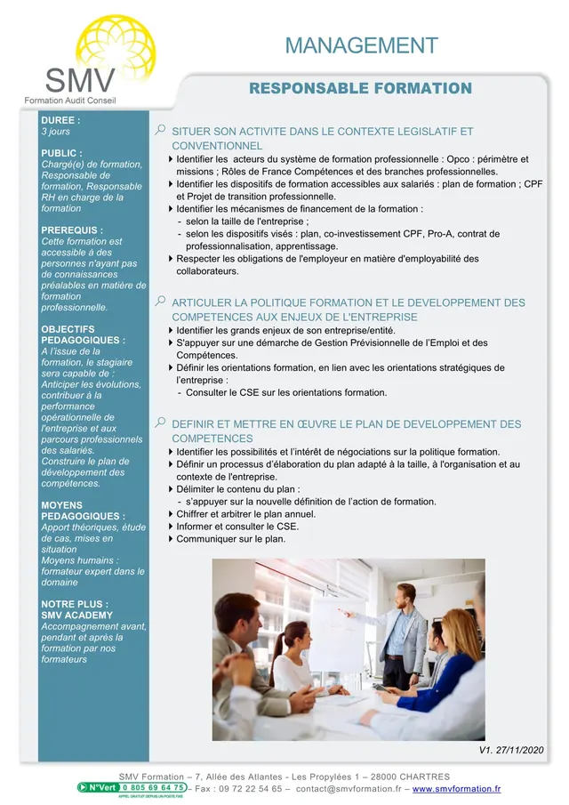 Fiche programme de la formation Responsable formation : durée, public, prérequis, objectifs pédagogiques et contenu