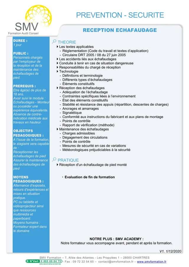 Fiche programme de la formation Réception Echafaudage : durée, public, prérequis, objectifs pédagogiques et contenu