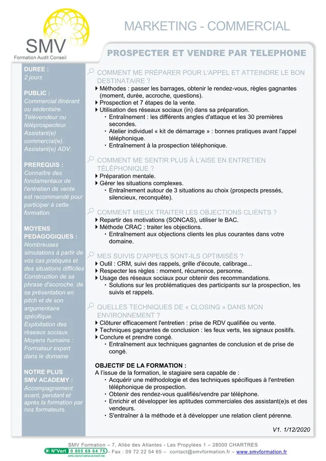 Fiche programme de la formation Prospecter et vendre par téléphone : durée, public, prérequis, objectifs pédagogiques et contenu