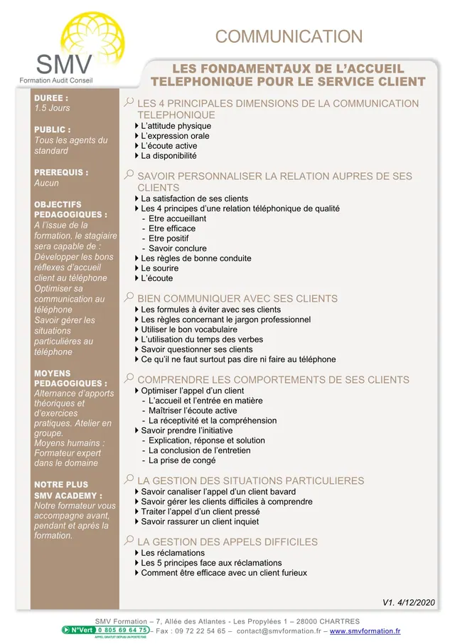 Fiche programme de la formation Les fondamentaux de l’accueil téléphonique pour le service client : durée, public, prérequis, objectifs pédagogiques et contenu