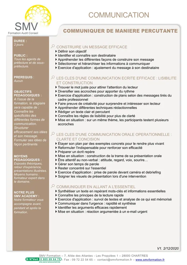 Fiche programme de la formation Communiquer de manière percutante – Préfecture : durée, public, prérequis, objectifs pédagogiques et contenu