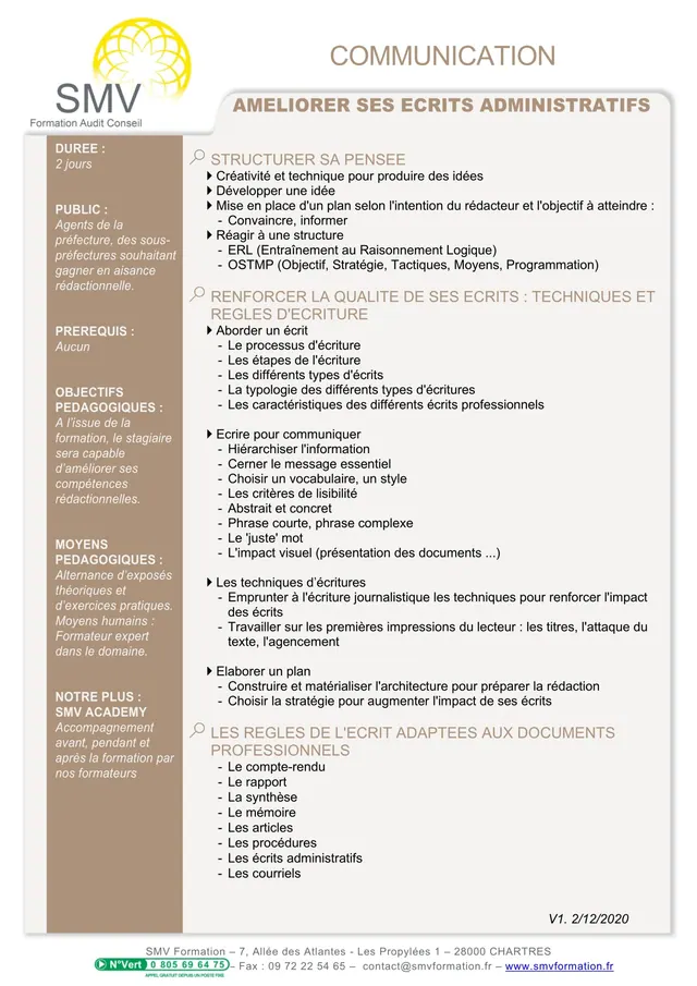 Fiche programme de la formation Améliorer ses écrits administratifs – Préfecture : durée, public, prérequis, objectifs pédagogiques et contenu