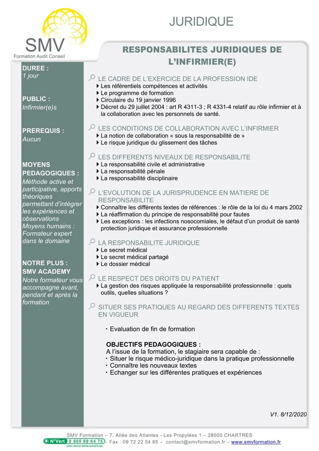 Fiche programme de la formation Responsabilités juridiques de l’infirmier : durée, public, prérequis, objectifs pédagogiques et contenu