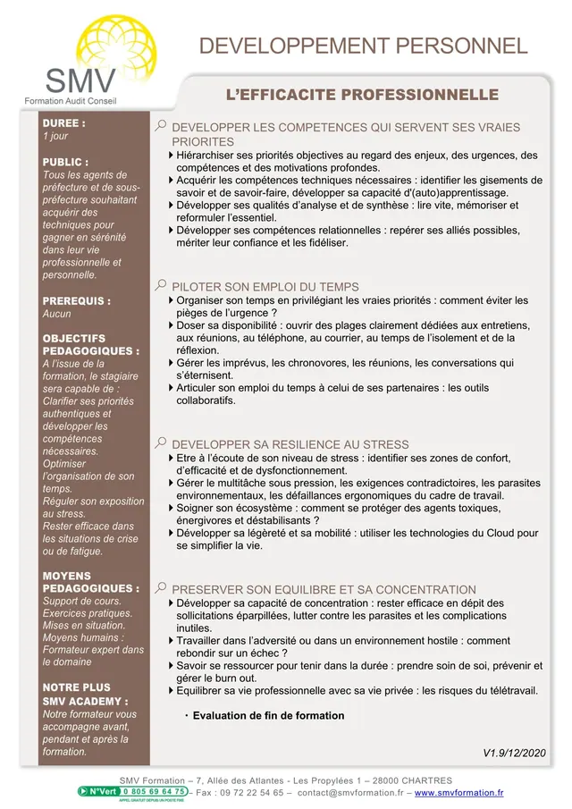Fiche programme de la formation L’efficacité professionnelle – Préfecture : durée, public, prérequis, objectifs pédagogiques et contenu