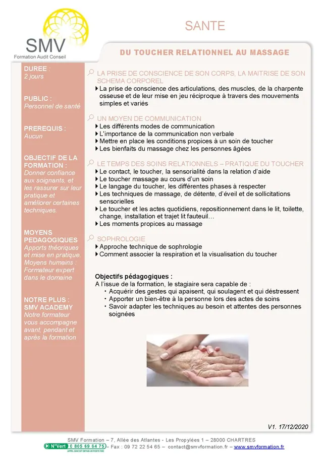 Fiche programme de la formation Du toucher relationnel au massage – personnes âgées : durée, public, prérequis, objectifs pédagogiques et contenu