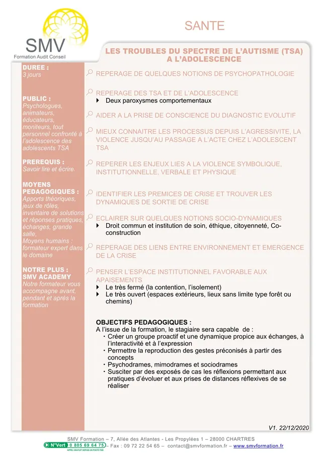 Fiche programme de la formation Les Troubles du Spectre de l’Autisme (TSA) à l’adolescence : durée, public, prérequis, objectifs pédagogiques et contenu