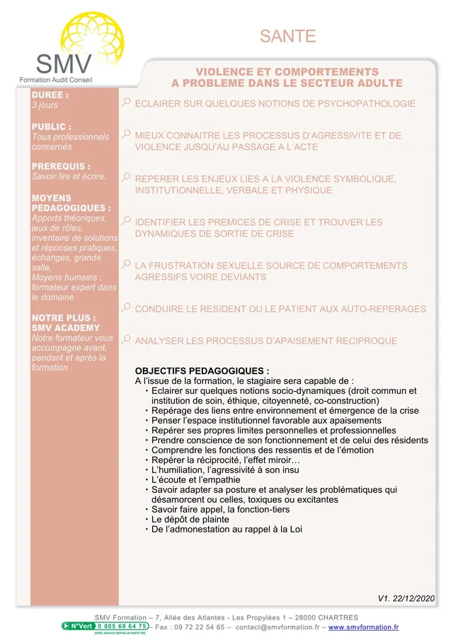 Fiche programme de la formation Violence et comportements à problème dans le secteur adulte : durée, public, prérequis, objectifs pédagogiques et contenu