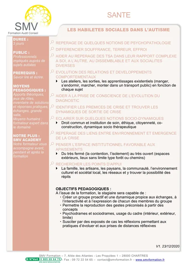 Fiche programme de la formation Les habiletés sociales dans l’autisme : durée, public, prérequis, objectifs pédagogiques et contenu